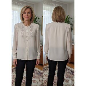 Vintage Cathy Che Embroidered Blouse Size 8 Ivory Pearl Buttons Secretary